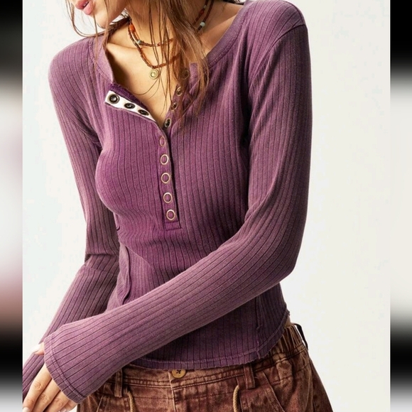 1pc Women Plain Knitted Half Placket Long Sleeve Fitted T-Shirt - Picture 1 of 4